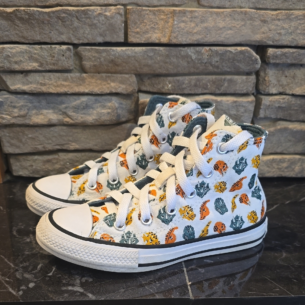Converse Boys Hi-Top Sneakers Dinosaur Print Pattern White/Orange/Green